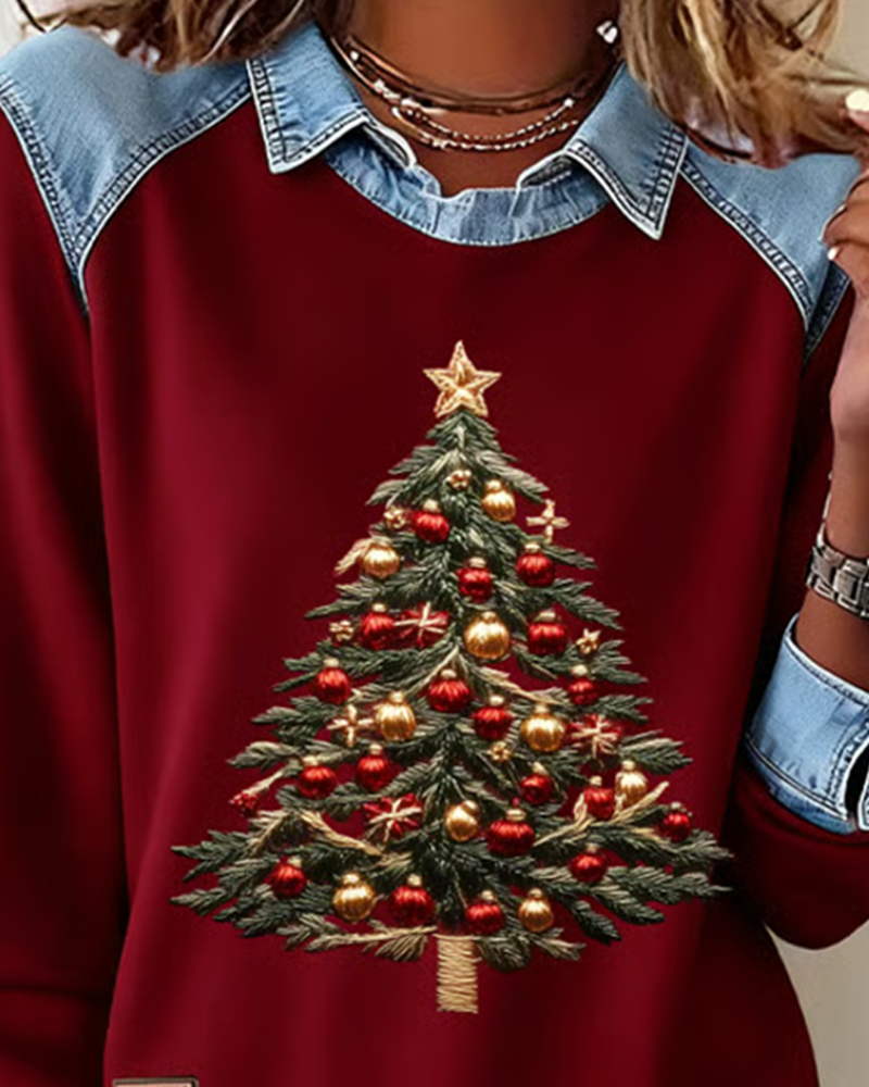 Sweat En Jean Avec Détails Patchwork Et Imprimé De Noël