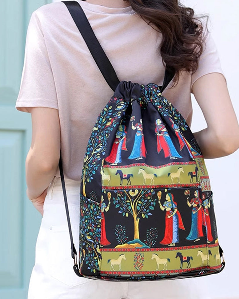 Sac à bandoulière avec cordon de serrage de style ethnique