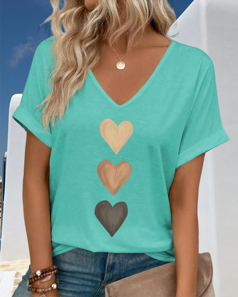 T-Shirt Col En V Imprimé Cœur