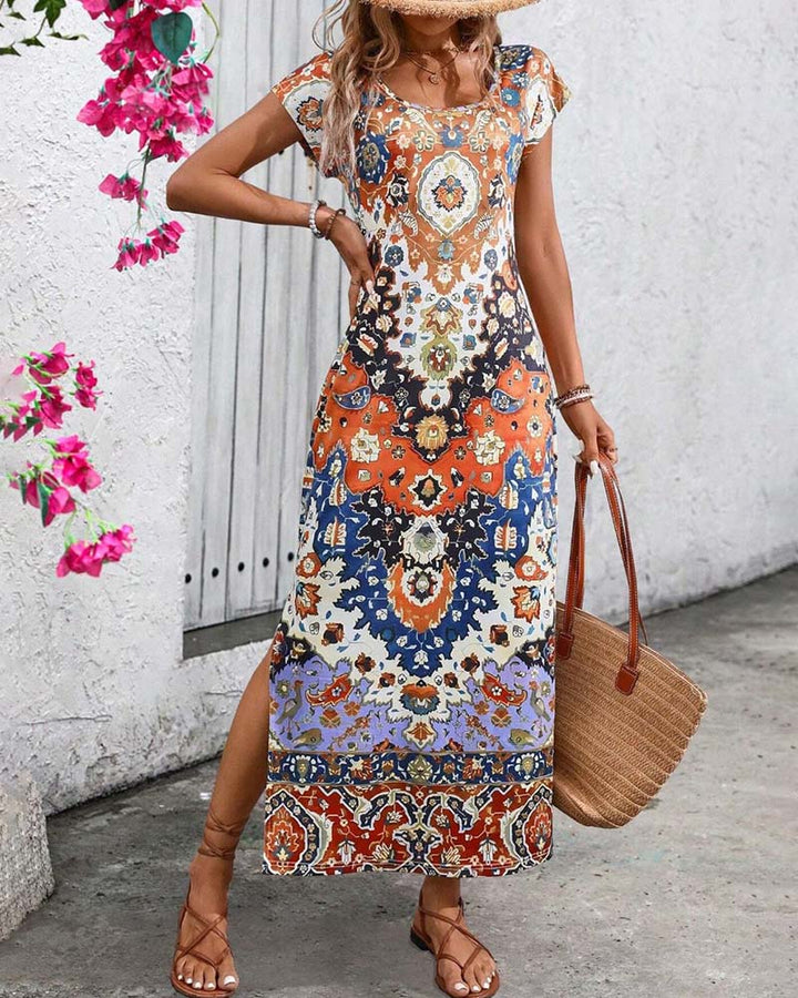Robe décontractée imprimée colorée avec fentes