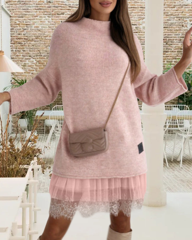 Ensemble robe pull col montant en maille décontractée de couleur unie