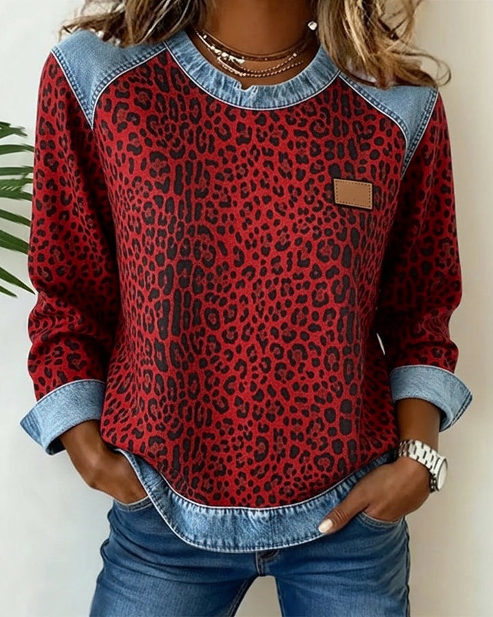 Sweat Imprimé Léopard Denim Patchwork