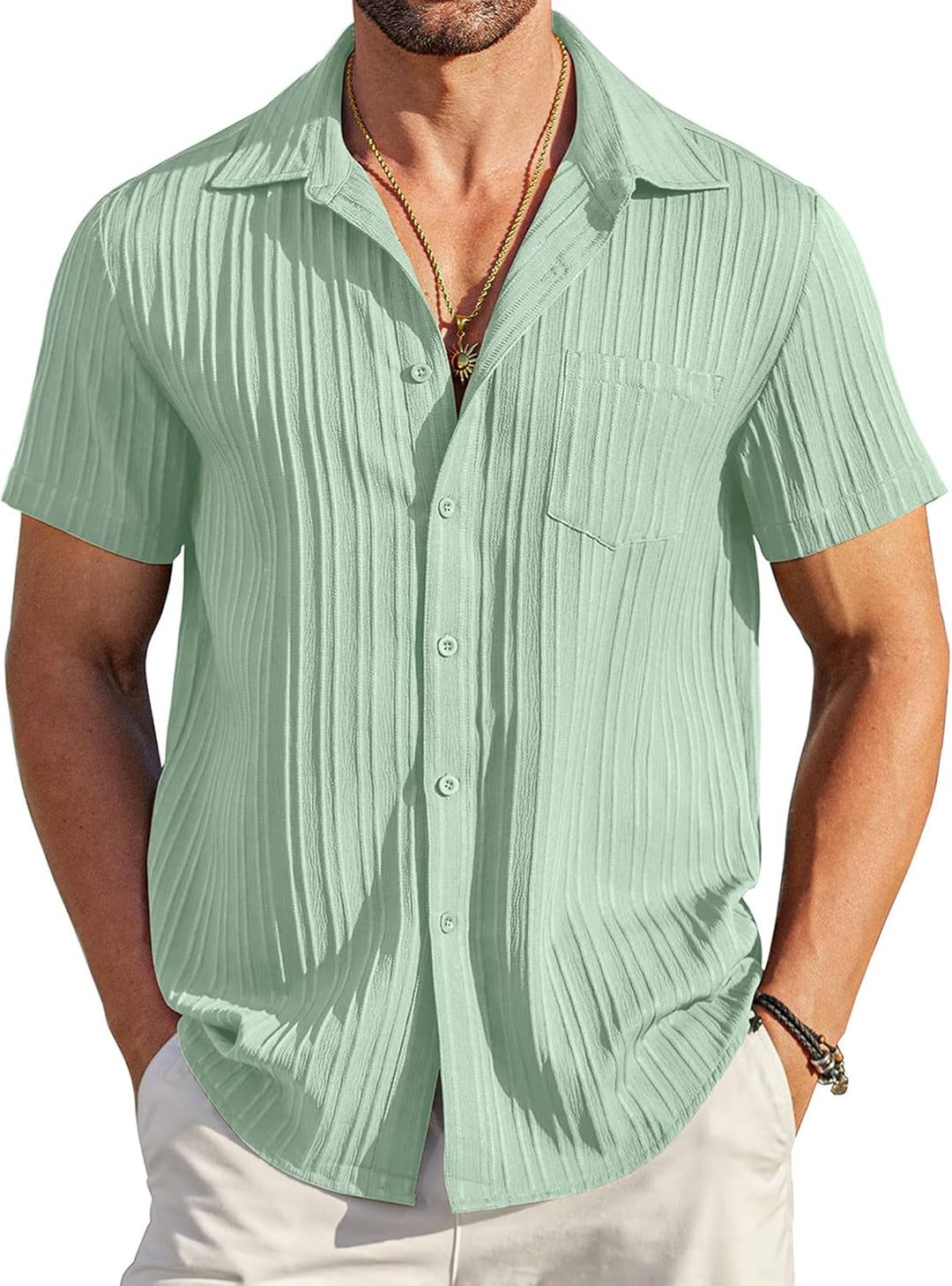 Chemise texturee a poche - Vert clair