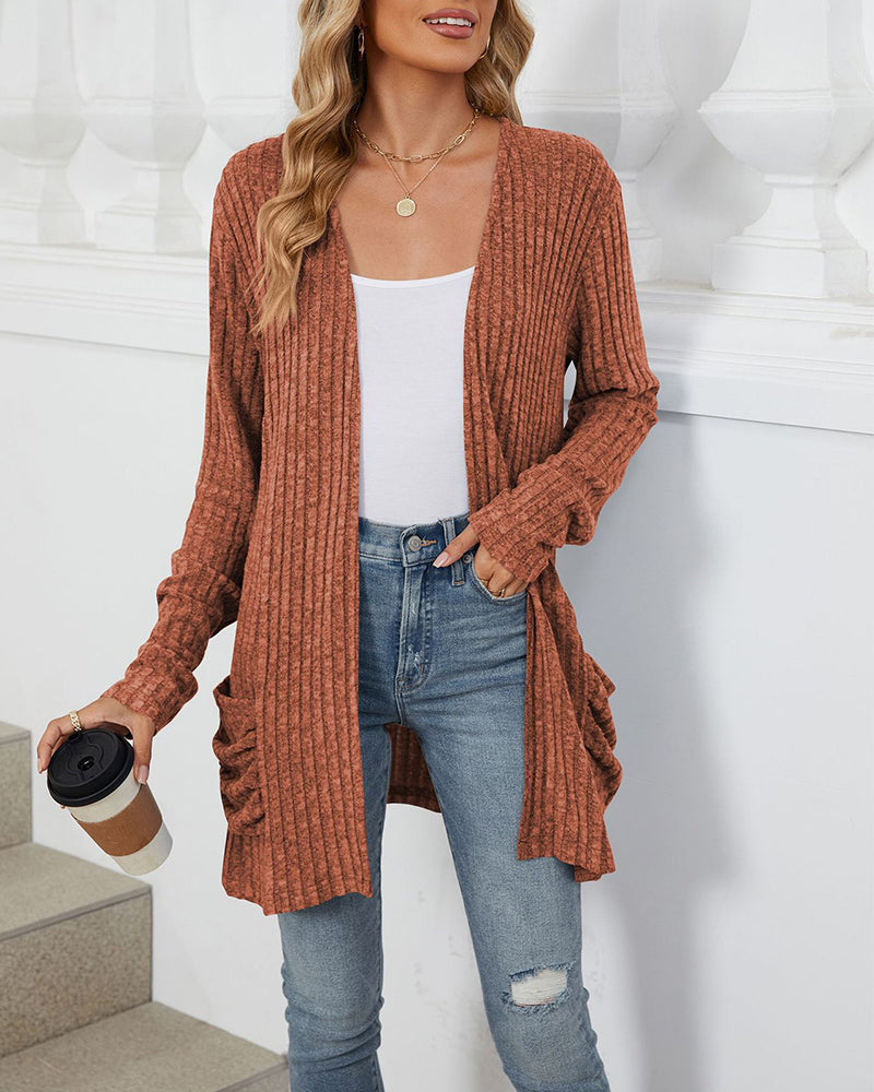 Cardigan décontracté à manches longues et poches de couleur unie
