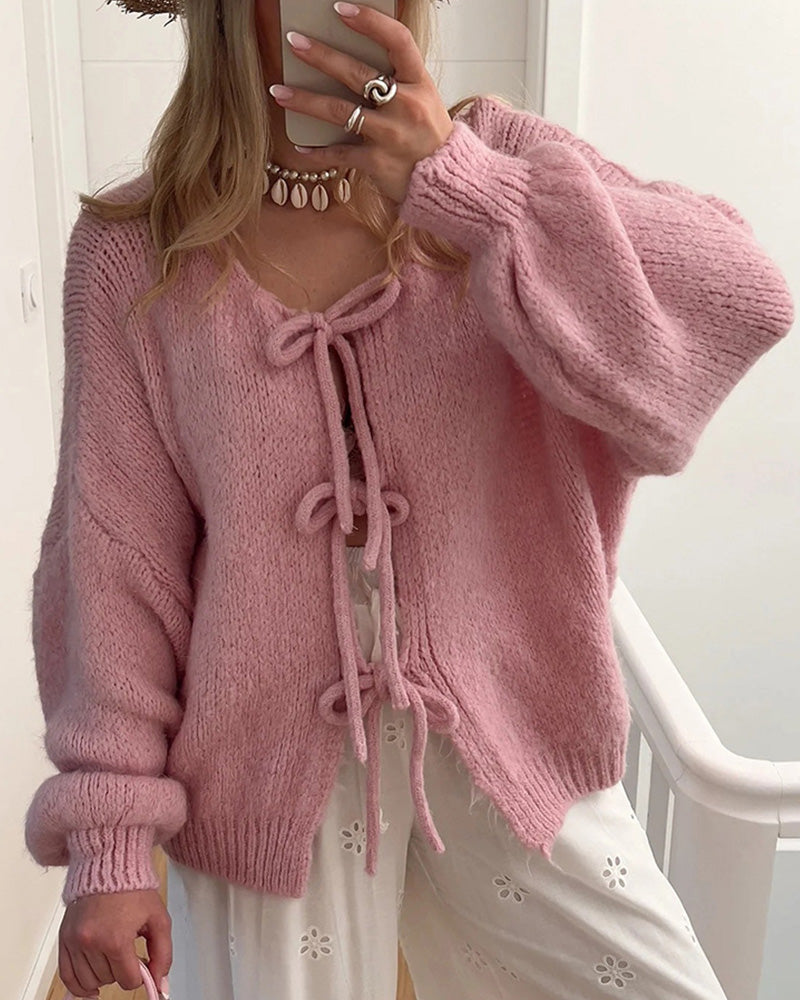 Cardigan à lacets de couleur unie de style paresseux