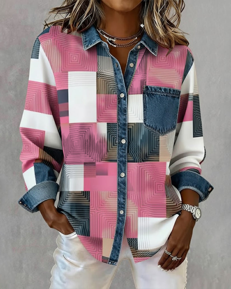 Chemise Color Block Revers À La Mode