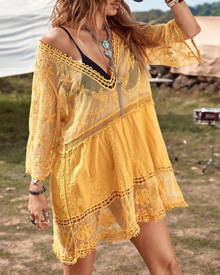 Smock V-Neck Brodé En Dentelle