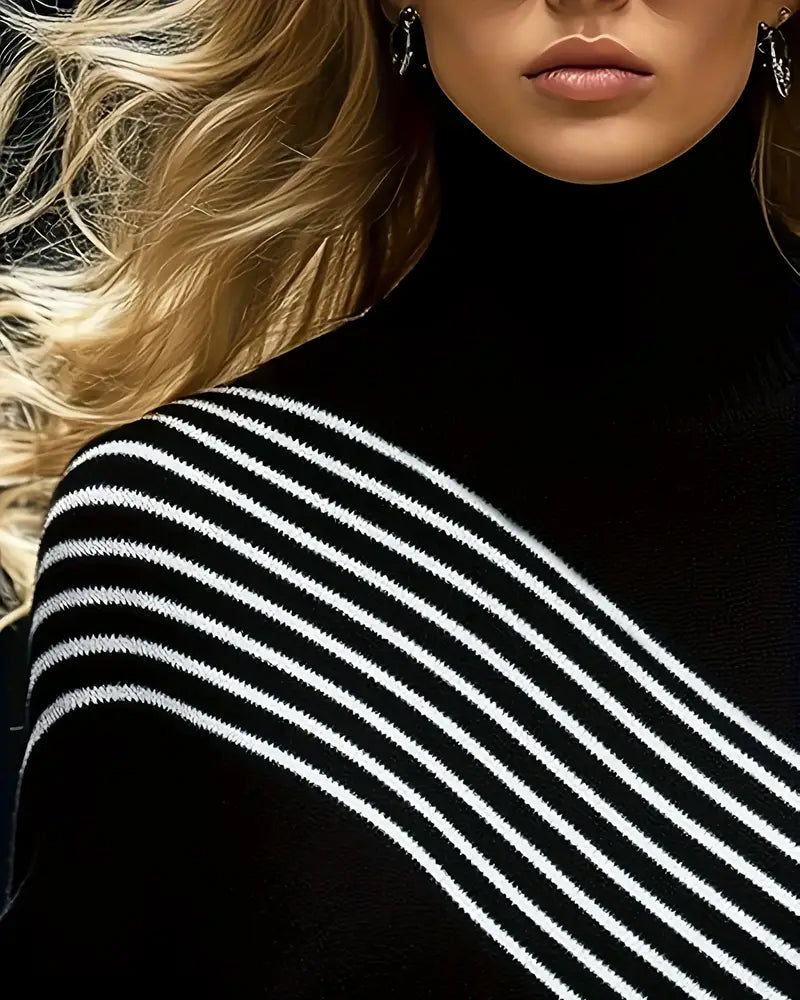 Pull Col Roulé Rayé Épaule Tombée