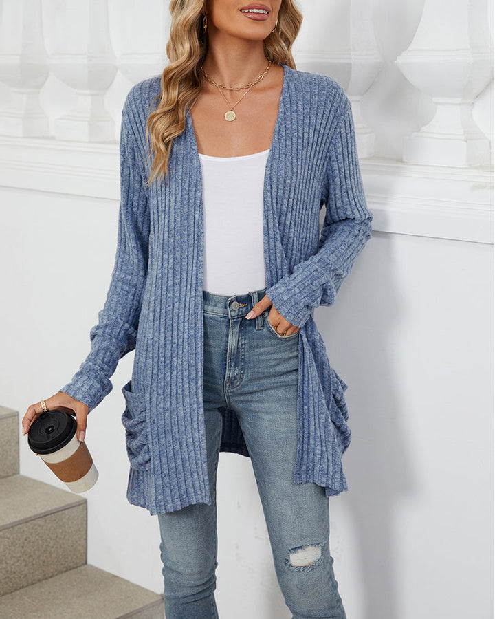 Cardigan décontracté à manches longues et poches de couleur unie