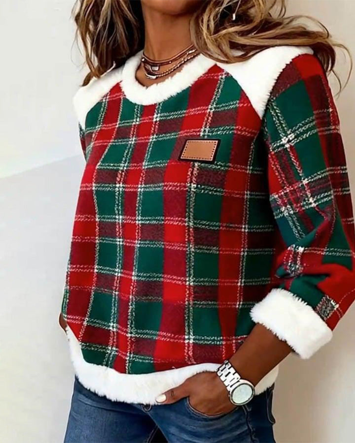 Sweat-shirt à col rond en peluche patchwork à carreaux