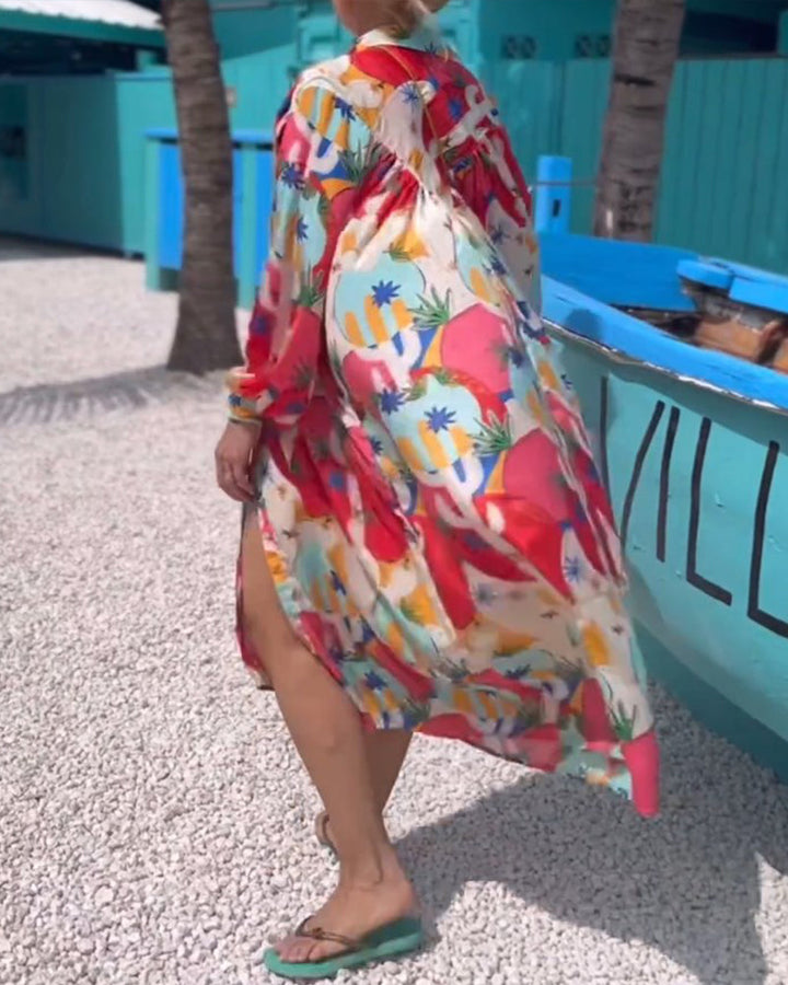 Robe imprimée à manches longues et revers
