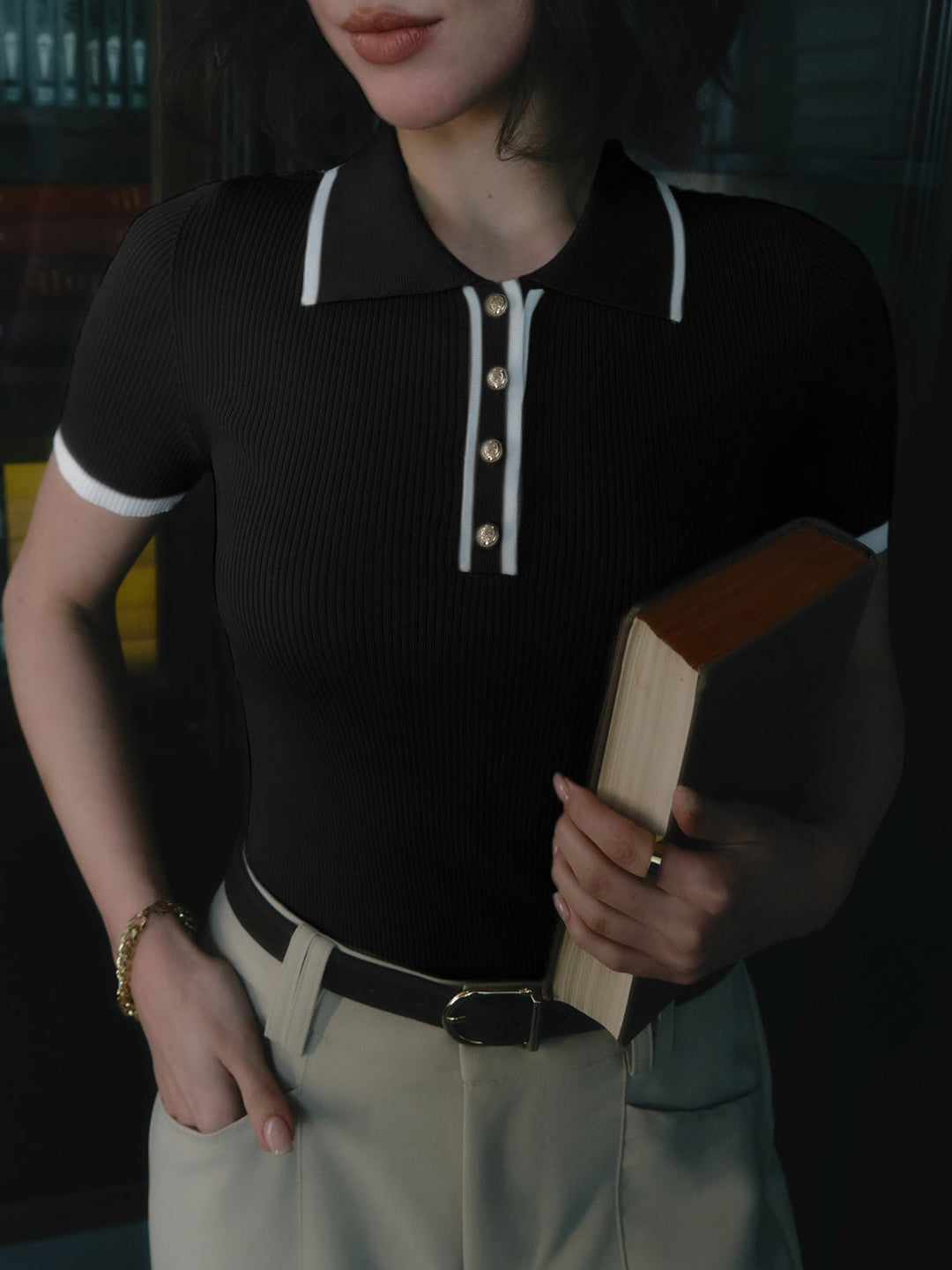 Danica | Haut polo côtelé classique avec détail de boutons pour femmes