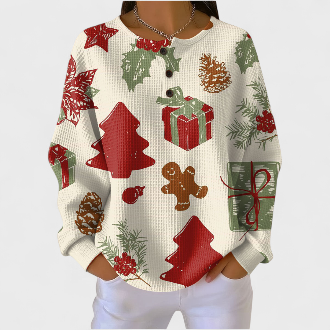 Olivia - Pull crème à motifs de Noël