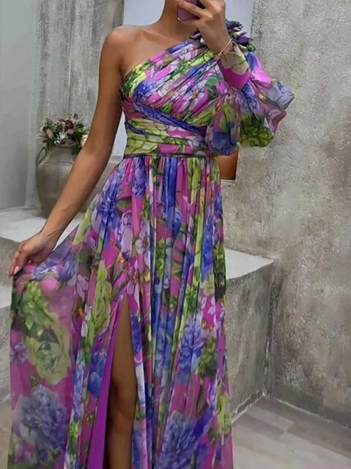 Capucine | Lilas côté impression fente une manche Maxi Robe