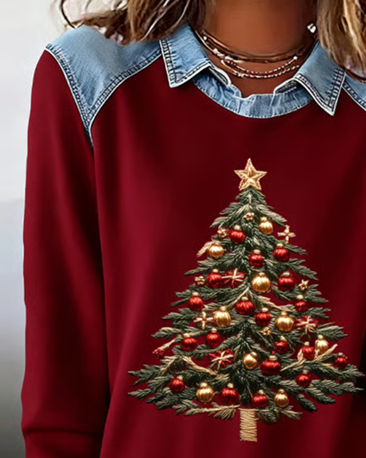 Sweat En Jean Avec Détails Patchwork Et Imprimé De Noël