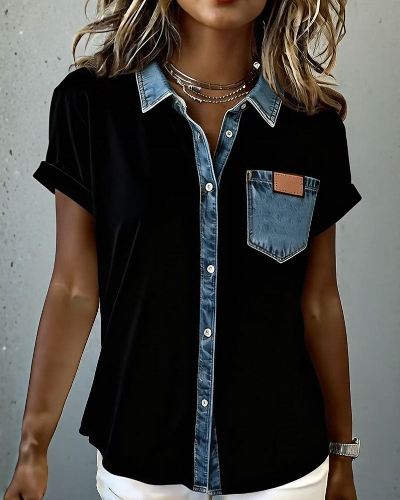 T-Shirt Denim Patchwork Col Retourné