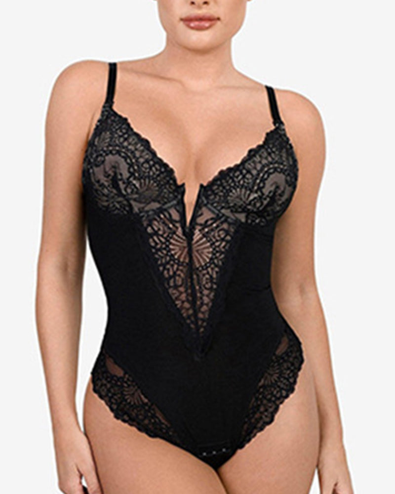 Bodysuit Décolleté Profond En V Et Dentelle Gainante