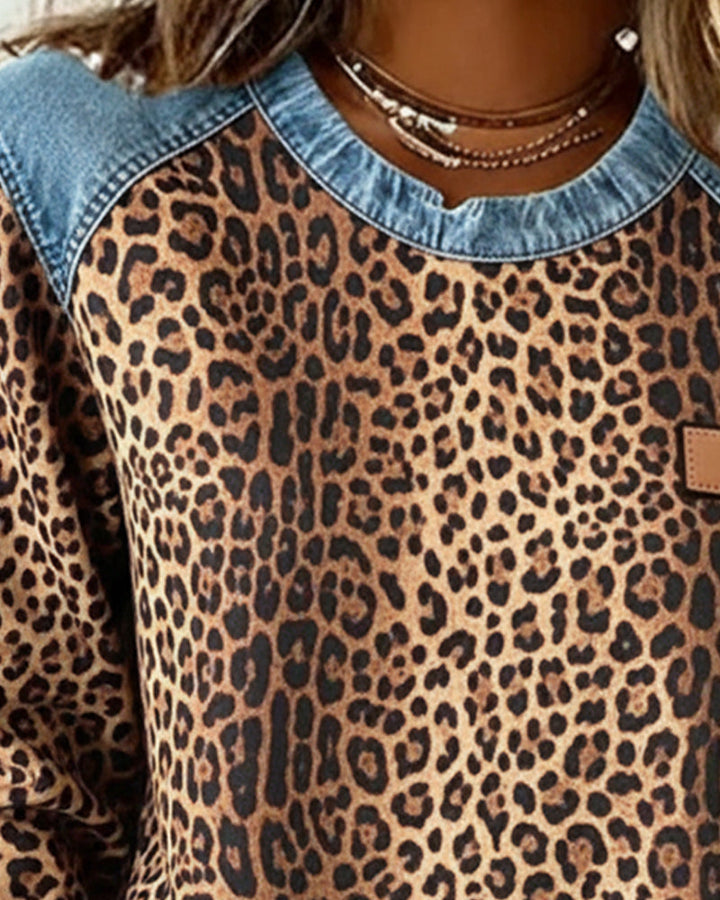 Sweat Imprimé Léopard Denim Patchwork