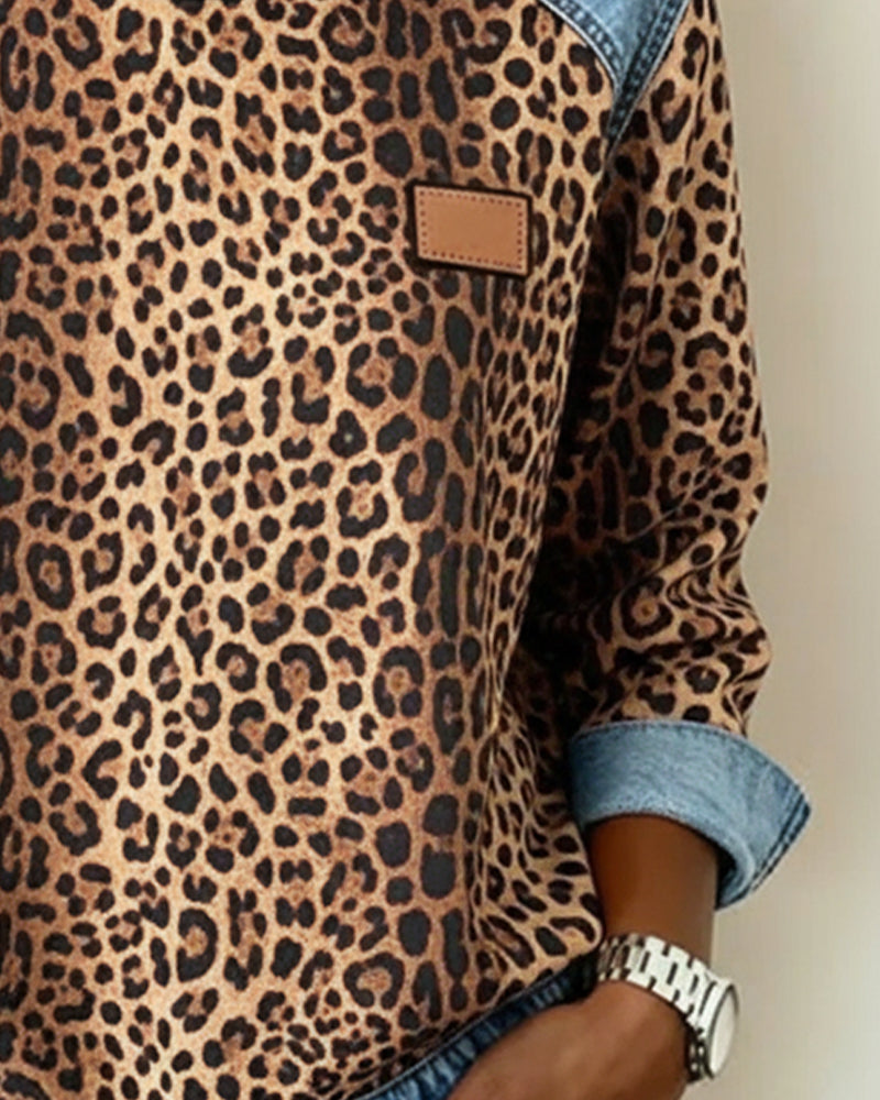 Sweat Imprimé Léopard Denim Patchwork