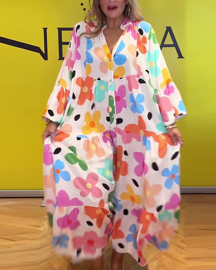 Robe décontractée à manches cloche et imprimé floral coloré
