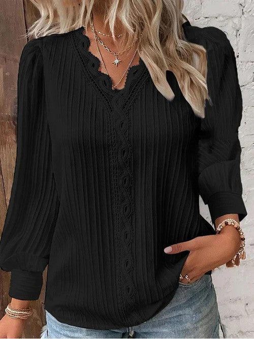 Blouse Elégante Rayée à Col Dentelle