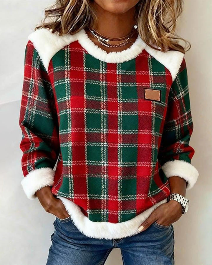 Sweat-shirt à col rond en peluche patchwork à carreaux