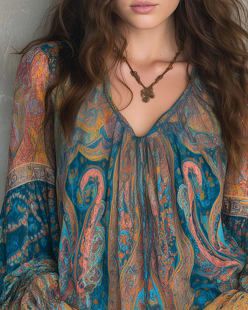 Blouse À Col V De Style Bohème À Manches Évasées