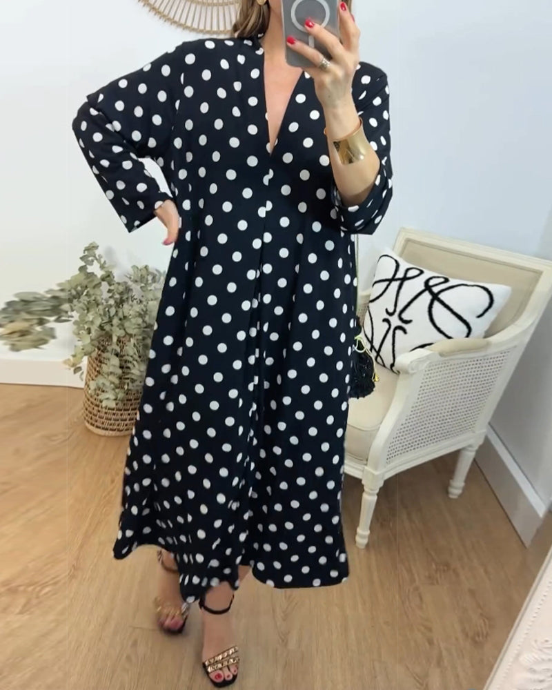 Robe à col V, coupe ample et à pois