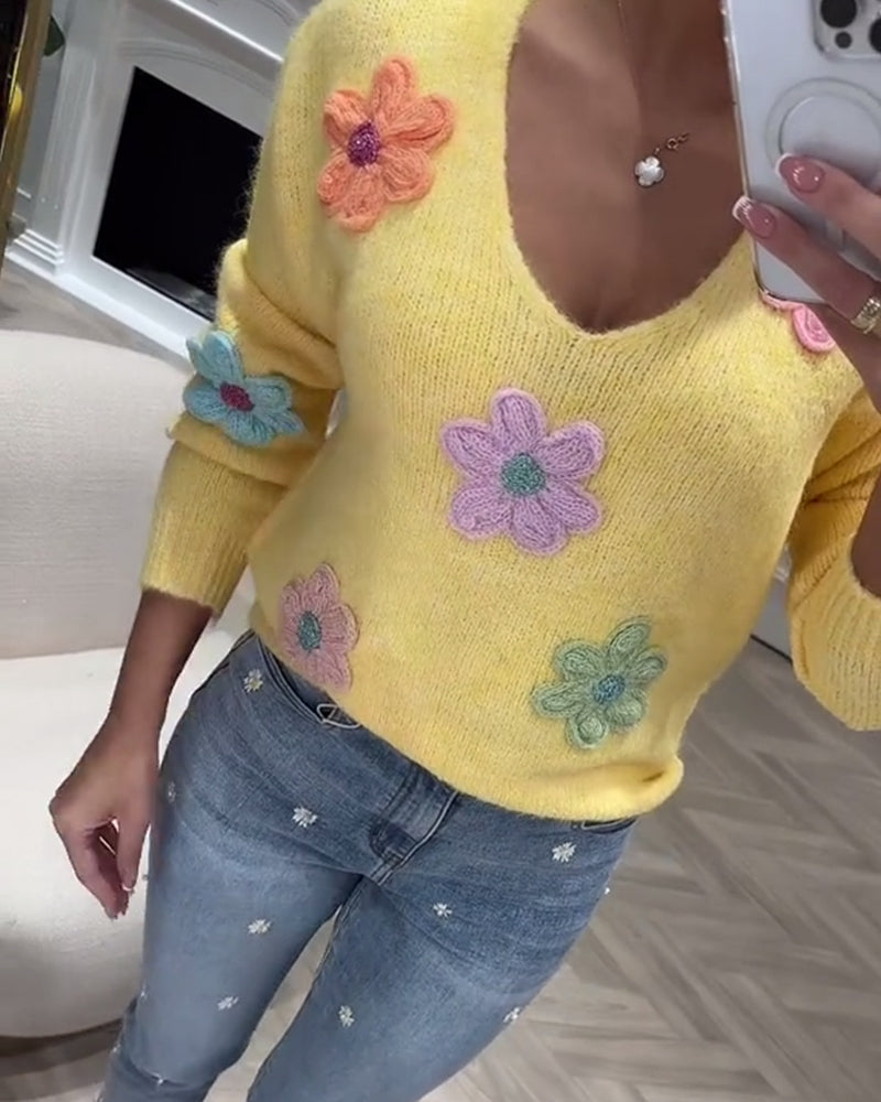 Pull Manches Longues Fleuri Col En V