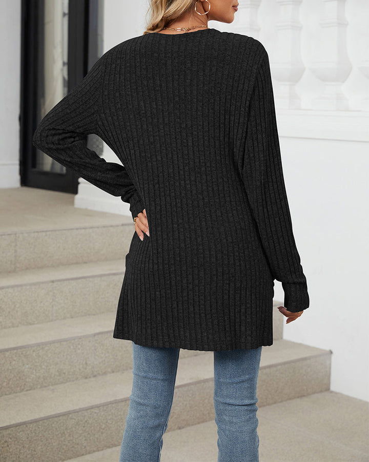 Cardigan décontracté à manches longues et poches de couleur unie
