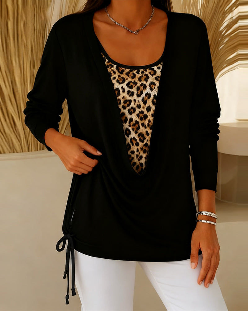 T-shirt faux deux pièces à lacets imprimé léopard