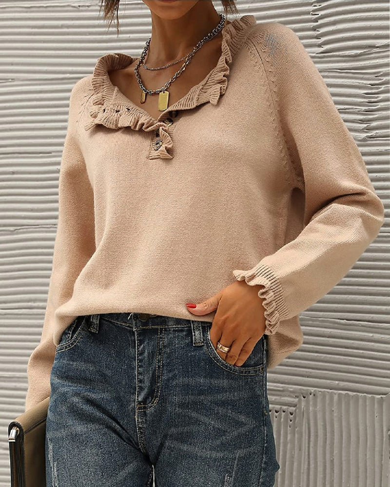 Pull décontracté de couleur unie avec bouton à revers et volants