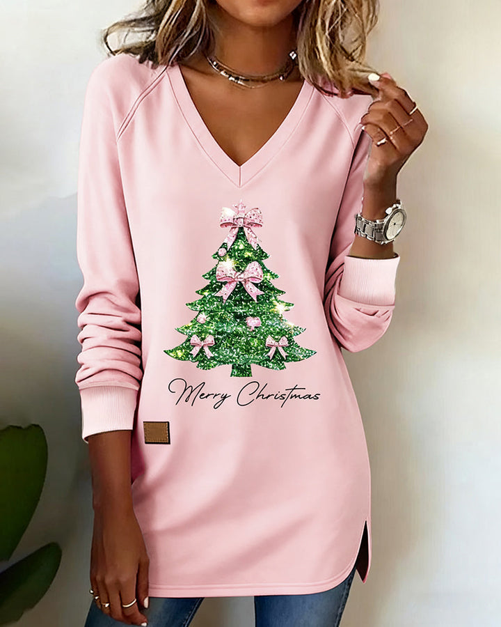 Sweat À Imprimé Sapin Manches Raglan Col En V