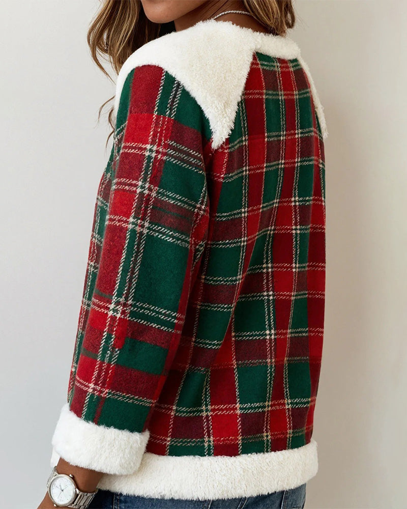 Sweat-shirt à col rond en peluche patchwork à carreaux
