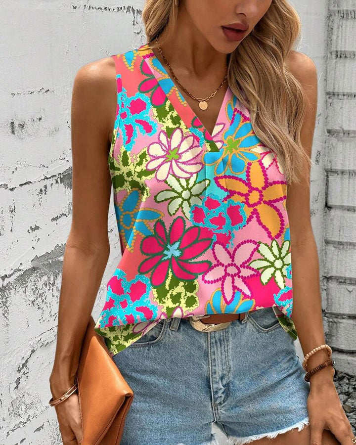 Gilet Col V Imprimé Fleuri Sans Manches