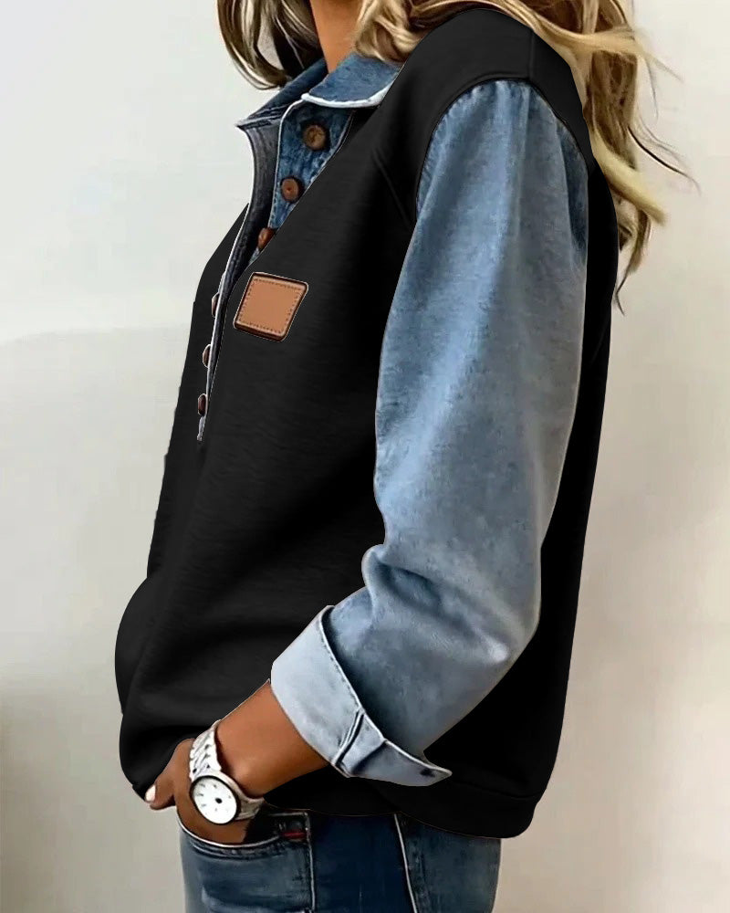 Sweat-shirt élégant en patchwork de denim à manches longues