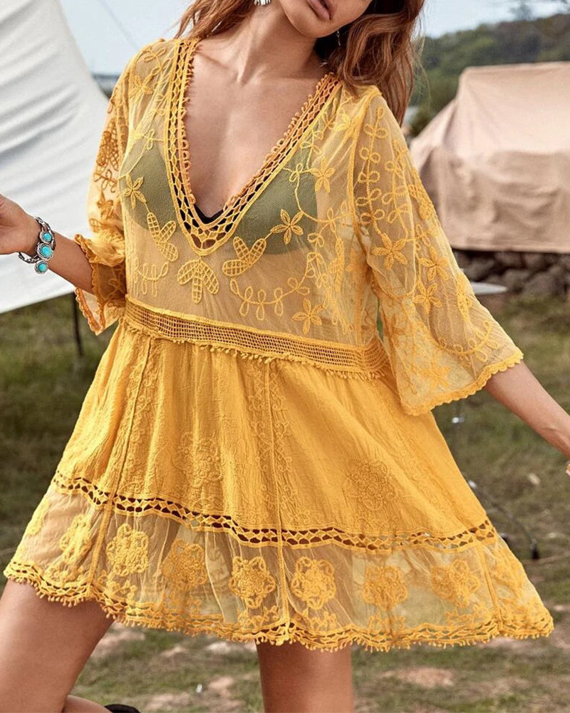 Smock V-Neck Brodé En Dentelle