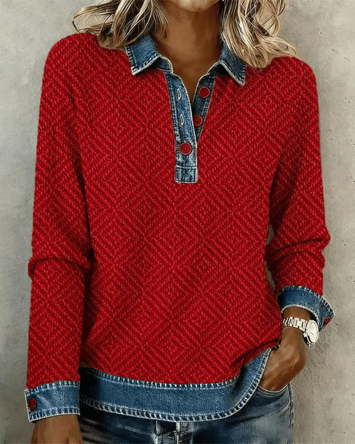 Sweat-Shirt À Col Denim Patchwork