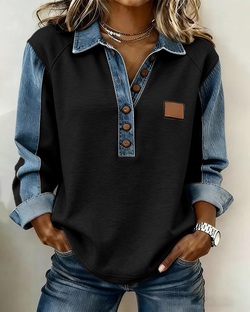 Sweat-shirt élégant en patchwork de denim à manches longues