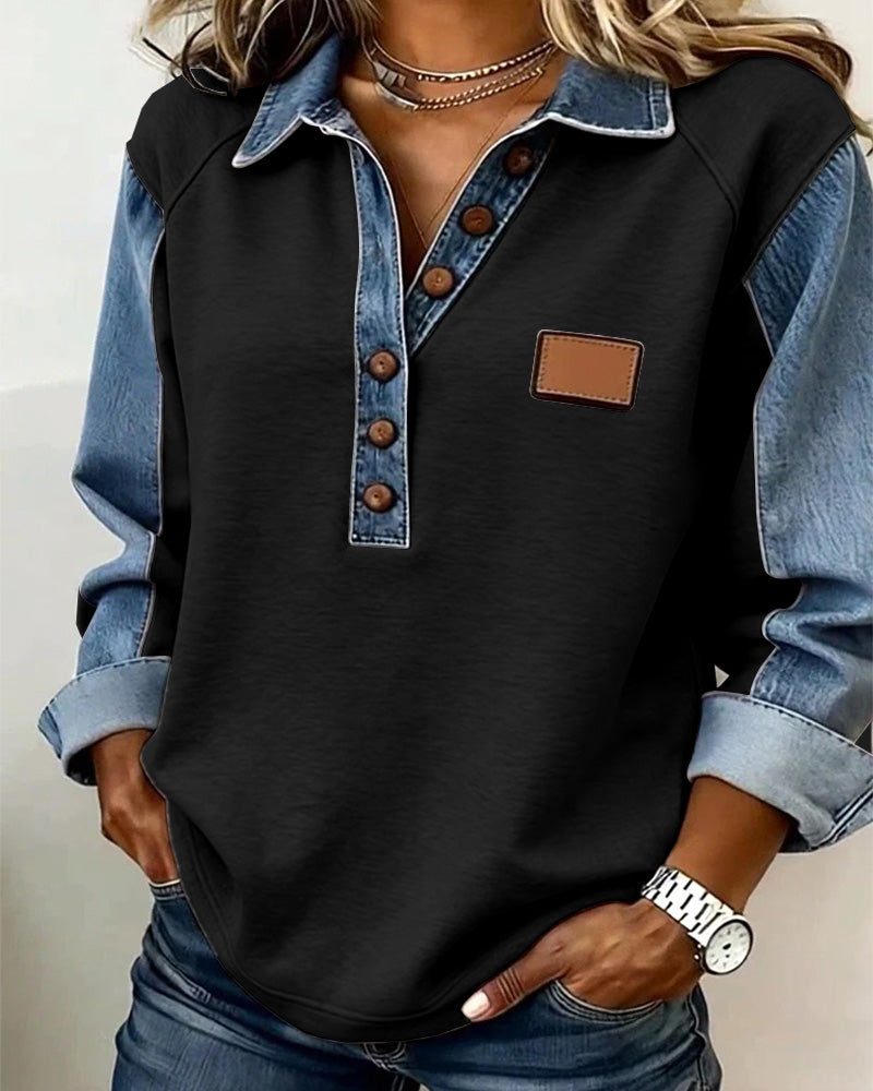 Sweat-shirt élégant en patchwork de denim à manches longues