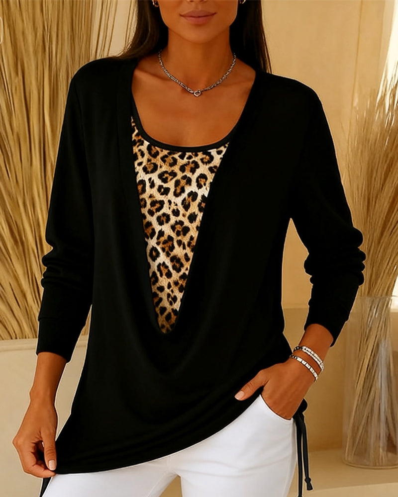T-shirt faux deux pièces à lacets imprimé léopard