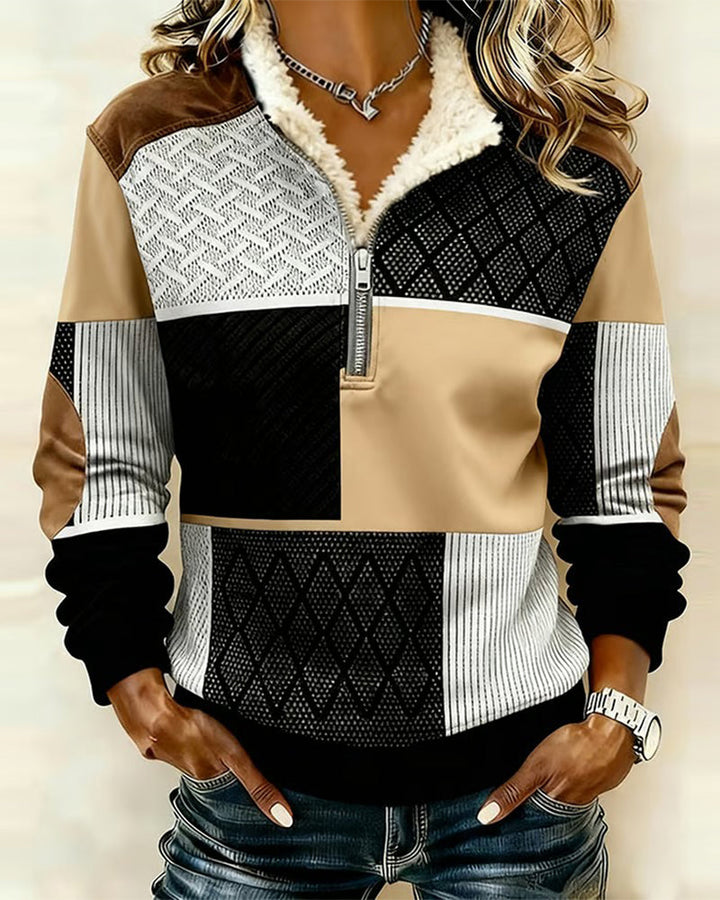 Sweat-Shirt Demi-Fermeture Éclair Doublé Polaire À Blocs De Couleur