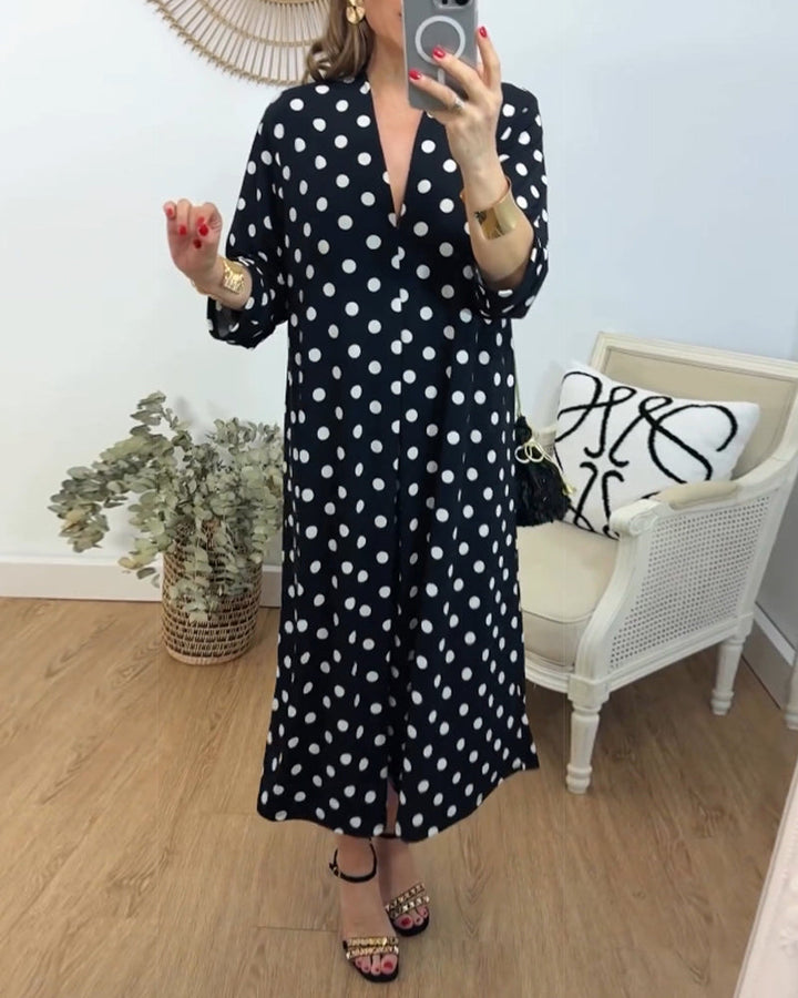 Robe à col V, coupe ample et à pois