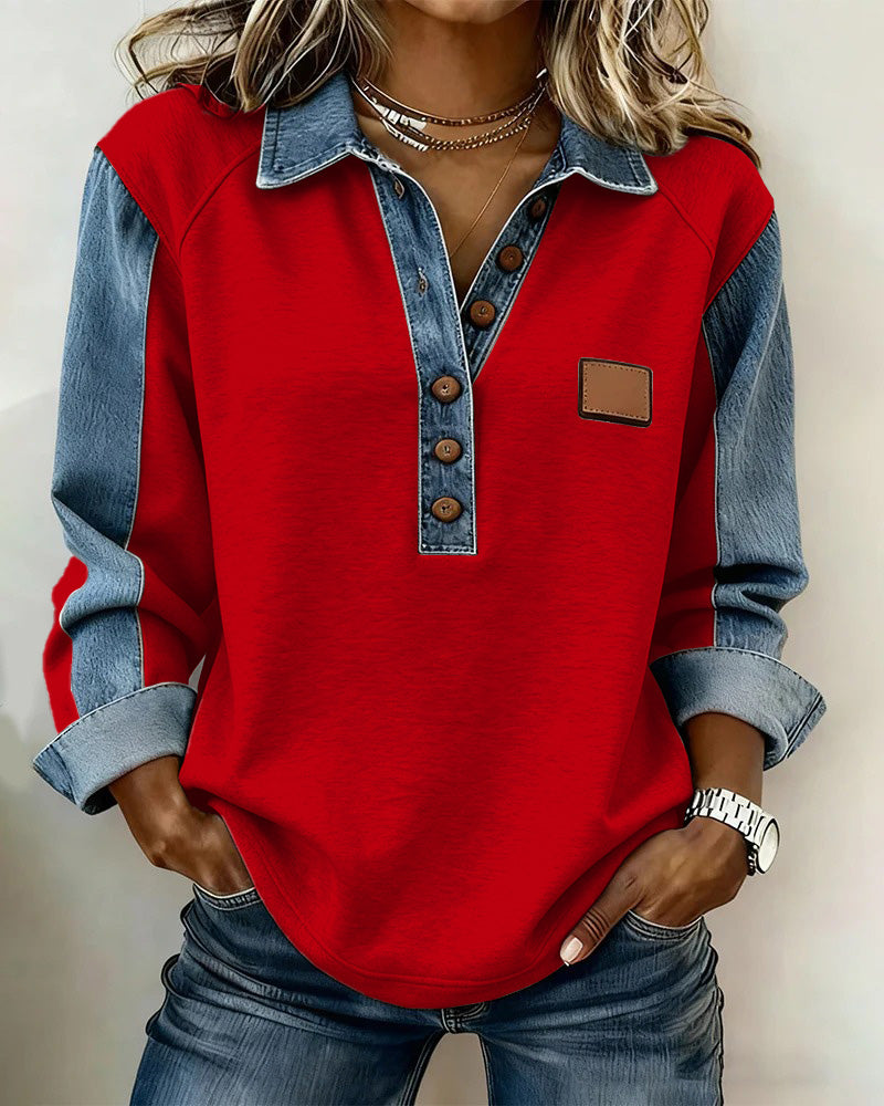 Sweat-shirt élégant en patchwork de denim à manches longues